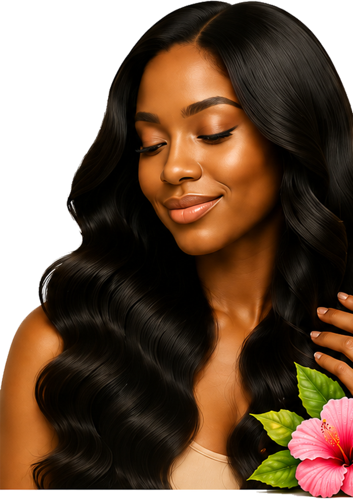 A woman with long, healthy, shiny hair holding a bottle of Elssa's Hair Oil