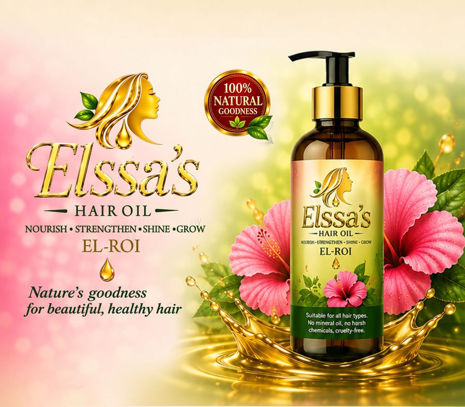 Elssa's El-Roi Hair Oil bottle among pink hibiscus flowers and golden oil