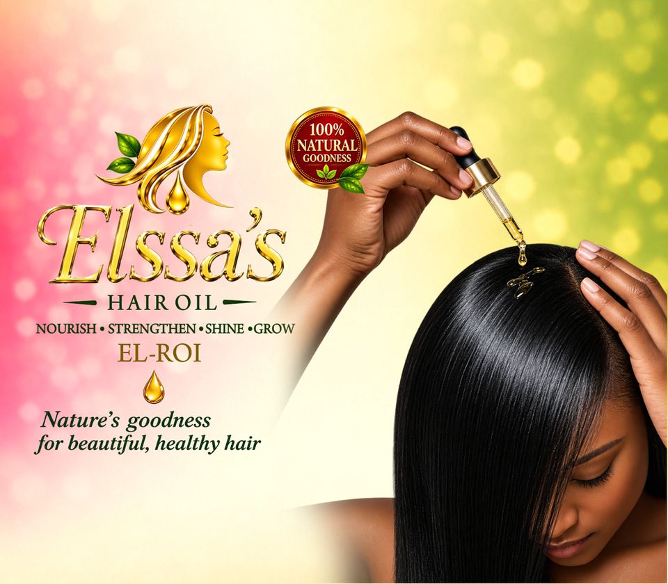 A woman applying Elssa's Hair Oil to her scalp with a dropper, with long, shiny black hair