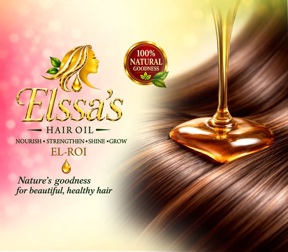 Golden hair oil pouring onto glossy brown hair